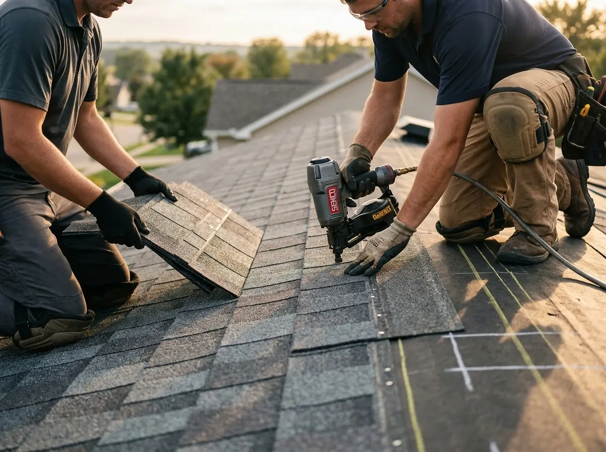 Professional roofer working on a residential roof in Greece